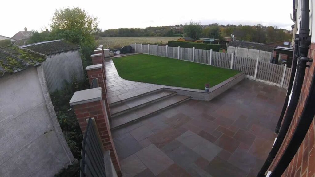 Landscaped garden using paving and turf